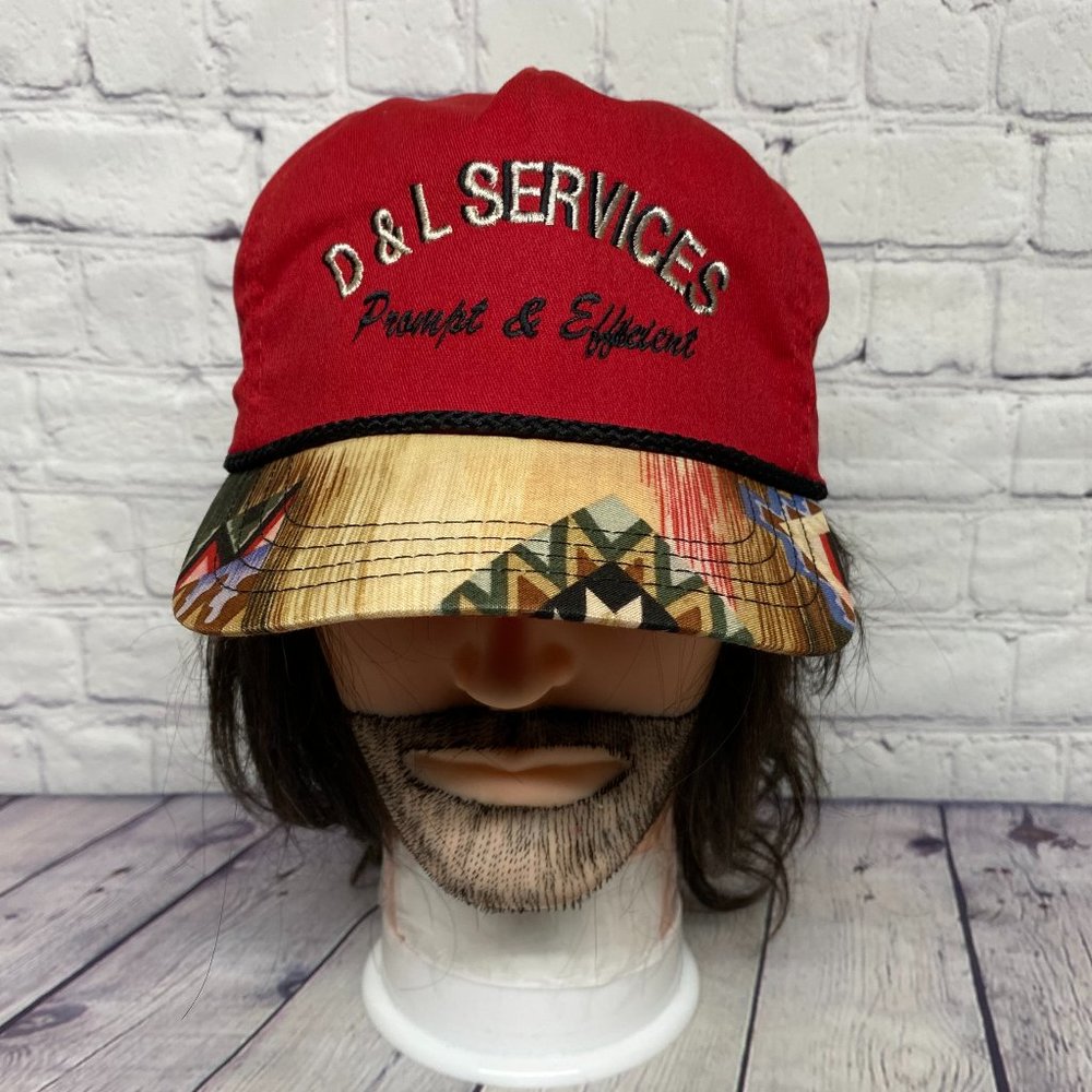 Vintage Hat Cap Strap Back Red Brown D&L Services Trucker Rope - STRAP DEFECT